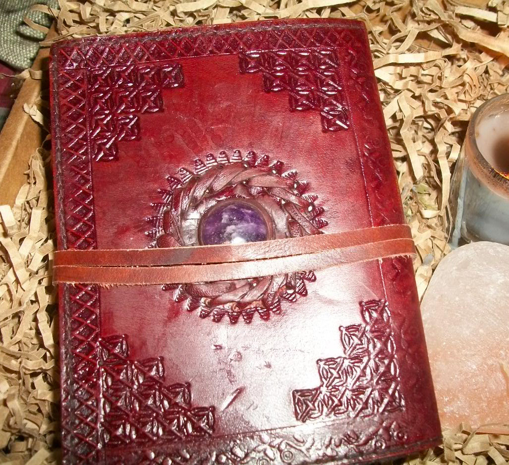 Leather and Stone Journal (BOS, Grimoire) - 2 Color Stones To Choose From - Autumn Dusk Spirits