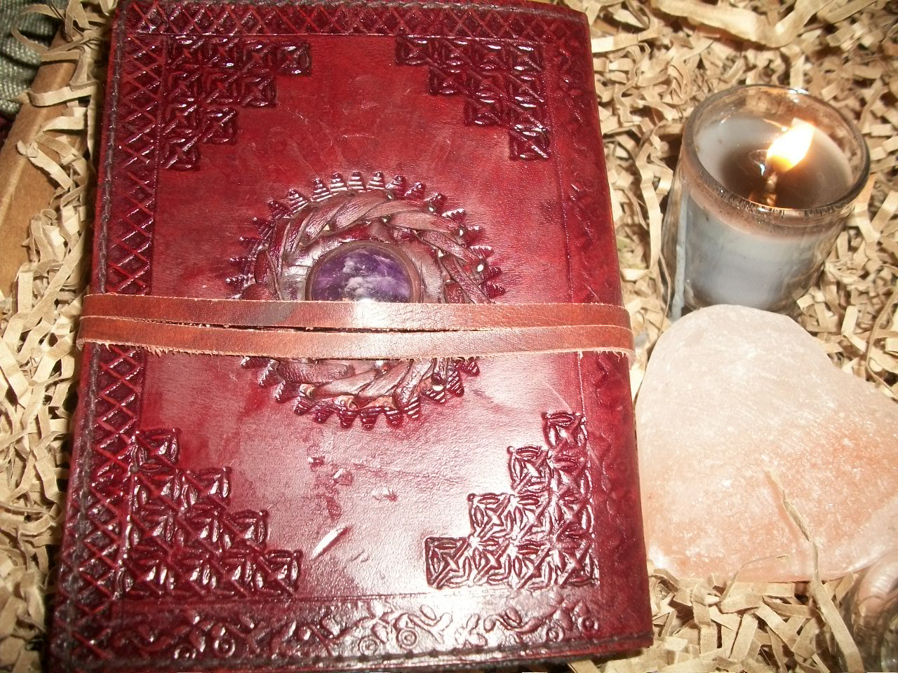 Leather and Stone Journal (BOS, Grimoire) - 2 Color Stones To Choose From - Autumn Dusk Spirits